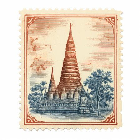 a postage stamp featuring the romantic illustration of wat anh temple in thailand, designed in a mid-century style. the stamp showcases a vintage cut-and-paste aesthetic with a combination of light maroon and dark blue colors. inspired by the works of thomas cole, the illustration captures the essence of the temple's beauty and charm. crafted with glazed earthenware, this stamp is a unique collectible. ai generatedの素材
