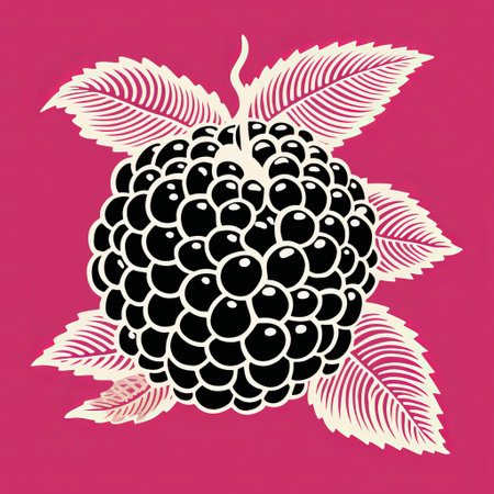 a blackberry, inspired by don blanding's style, is showcased on a vibrant pink background. this graphic illustration combines elements of realism and stylization, reminiscent of chiaroscuro woodcuts. the elaborate fruit arrangement features intricate leaf patterns, with a play of light and shadows in black and magenta tones. ai generatedの素材