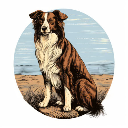 a border collie, a dog, stands by the beach in this vector illustration. the artwork is done in the style of aaron horkey, known for his traditional landscapes. the image features rounded, portrait-like paintings reminiscent of e.h. shepard, prudence heward, and richly colored scenes. ai generatedの素材