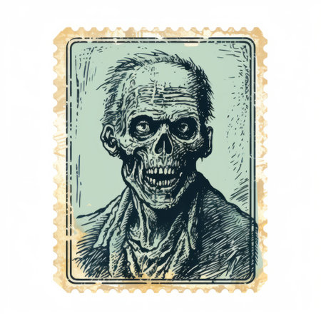 the skull on a stamp is a detailed character illustration in the style of zombiecore. this nostalgic illustration features realistic human figures, with a color palette of light indigo and light green. perfect for collectors and fans of unique and artistic postage stamps. ai generatedの素材