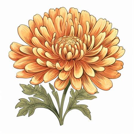 an orange chrysanthemum flower is depicted in a watercolor drawing, reminiscent of golden age illustrations. the artwork showcases flawless line work and intricate details, resembling colorful woodcarvings and classic tattoo motifs. the composition also features detailed character illustrations, miniatures, and foliage, creating a visually captivating piece. ai generatedの素材