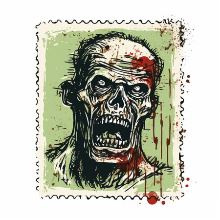 a postage stamp featuring a zombie screaming, designed in a nostalgic illustration style. this accurate and detailed depiction captures the essence of wimmelbilder, a genre known for its busy and intricate scenes. with a touch of yankeecore, this unique stamp is sure to catch the eye of collectors and enthusiasts alike. ai generatedの素材