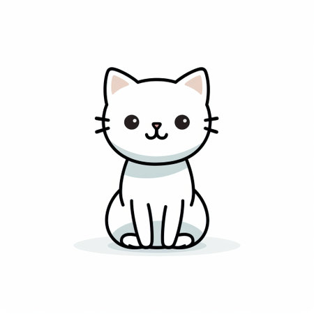 a white cat with large eyes sits in a silhouette against a clean white background. the cat's design is inspired by kawaii charm, featuring strong graphic lines and simplified colors. the style resembles the work of joong keun lee, known for his cartoon-like figures and animated gifs. ai generatedの素材