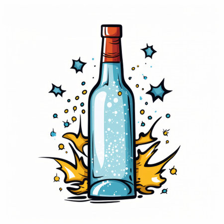a bottle of beer with splashes of pop star, featuring light maroon and blue colors and simple line work. this image captures the essence of absinthe culture, with hints of light blue and yellow. the raw materials and sparkling water reflections add a touch of anemoiacore to the overall composition. ai generatedの素材