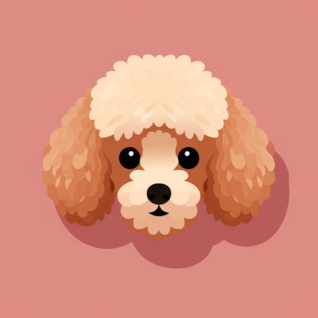 a cartoon poodle shaped icon with a brown background, featuring a colorful portraiture style. the icon showcases light white and light crimson tones, with realistic animal portraits. delicate shading adds depth to the image, while the poodle's strong facial expression stands out. the color palette includes shades of pink, amber, light red, and light emerald. ai generatedの素材