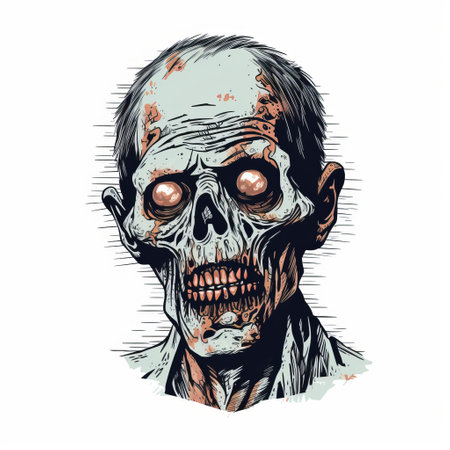 an old zombie head, depicted in a hyper-detailed illustration style, is showcased in this large image. the iconic pop culture references and 32k uhd resolution enhance the visual appeal. the linear illustrations and embroidery art techniques add a unique touch to the slender and charming character illustrations. ai generatedの素材