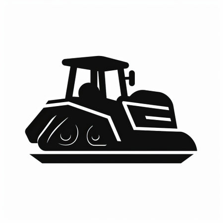 a bulldozer icon is depicted in this vector illustration, showcasing bold black and white colors. the design draws inspiration from rural landscapes and mid-century illustration styles. the stenciled iconography adds a unique touch, while the use of cad (computer aided design) enhances the precision of the graphic illustration. ai generatedの素材
