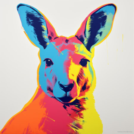 a vibrant kangaroo is showcased in this peter saville-inspired photo, featuring elements of pop art with its bright and bold lithographic style. the spray-painted details add an extra layer of artistic flair, reminiscent of robert irwin's work. the kangaroo's toy-like proportions and the influence of jessie arms botke's aesthetic make this photo a captivating and unique piece of art. ai generatedの素材