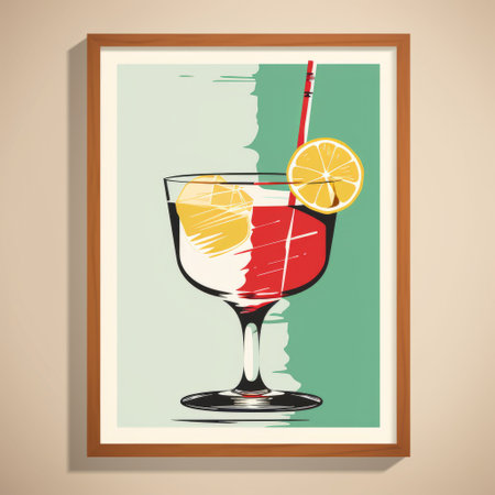 retro cocktail drink poster featuring a unique art illustration design. this stock vector illustration showcases asymmetrical framing, palette knife techniques, and a color palette of light yellow and dark red. the graphic illustration evokes a sense of nostalgia with its referential painting style, incorporating light orange and aquamarine accents. a captivating and visually appealing piece with a trace monotone effect. ai generatedの素材