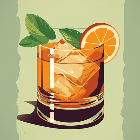 an old fashioned cocktail with orange juice, mint, and mint leaves is beautifully presented in glasses on a brown background. this bold and colorful graphic design style showcases strong lines and bold colors, reminiscent of vintage cut-and-paste posters. the dark amber hue of the drink contrasts with the sky-blue elements, creating a visually striking and precise composition. ai generatedの素材