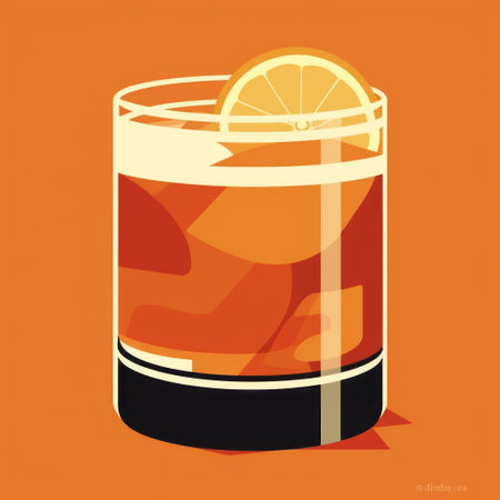 an illustration of an early morning drink with an orange background, reminiscent of the precisionist style of alasdair mclellan and casey baugh. the bold posters and digital illustration techniques used in this artwork create a visually striking composition. the flat color blocks and avocadopunk influence add a unique touch to this vibrant image. ai generatedの素材