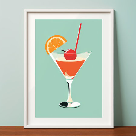 a martini bar print cocktail art print poster featuring a retro vintage style with a flat perspective. the unique framing and composition create a simple yet elegant composition. the saturated color scheme adds a vibrant touch to the photorealistic compositions. this print showcases the beauty of orange cocktails in a visually appealing way. ai generatedの素材