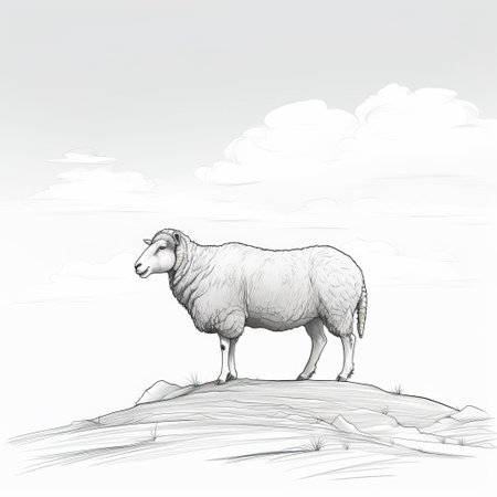 a sketch of a sheep on a hill, set against a backdrop of clouds. the soft tonal range and detailed character illustrations bring out the beauty of this coastal scenery. the heavy shading adds depth to the image, while the trace monotone style, reminiscent of kilian eng's work, gives it a unique touch. the rough hewn surfaces add texture to the overall composition. ai generatedの素材