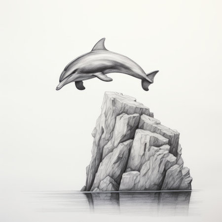 a sketch of a dolphin leaping out of water, showcasing the organic stone carving style. this hyper-realistic animal illustration captures the dolphin's graceful movement with asymmetric balance. the clever juxtapositions and rim light add depth and dimension to the artwork. the minimalistic landscapes provide a serene backdrop, while the realist detail brings the dolphin to life. ai generatedの素材