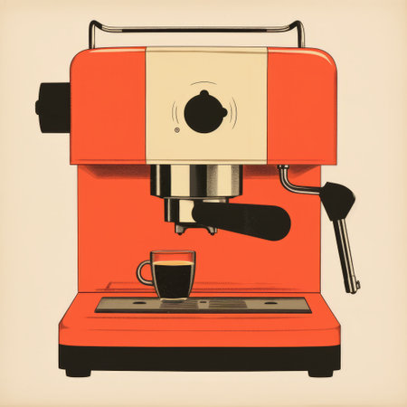 a vintage-inspired illustration of a dark orange and beige design steamer coffee machine. the illustration is done in a colored cartoon style with a vignetting effect. the photo has a matte finish and features a minimalistic composition with shades of red and beige. ai generatedの素材