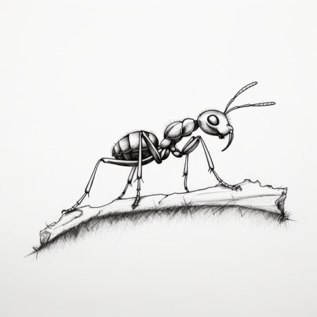 a black and white drawing of a black ant, showcasing realistic perspective and contour line techniques. the playful character design captures the ant's pensive poses and naturalistic proportions. this precisionist artwork embodies the essence of wildlife muralism, creating a captivating visual experience. ai generatedの素材