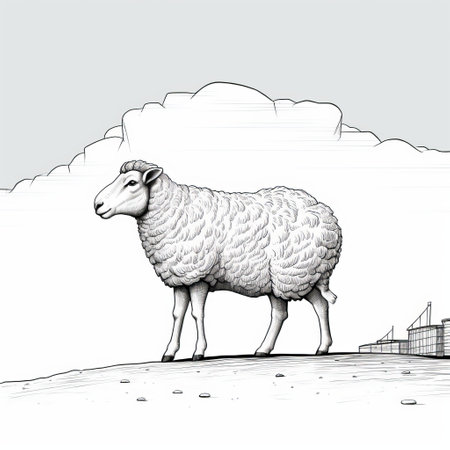 sheep grazing on a hill with a building in the background. this highly detailed illustration captures the scene in monochromatic imagery, using frontal perspective and heavy outlines. the realistic rendering adds depth to the animated gifs, while the melancholic symbolism evokes a sense of introspection. ai generatedの素材