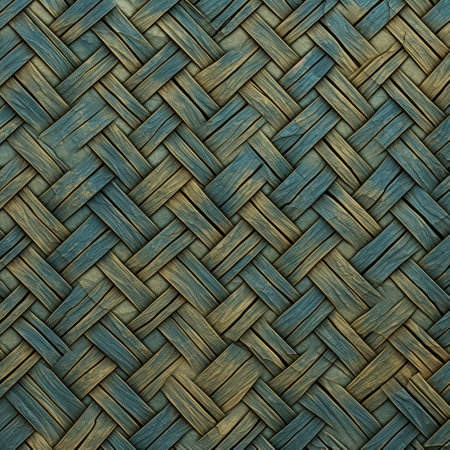 a wall sculpture and installation featuring a dark blue and brown weaved fabric pattern, reminiscent of colorful woodcarvings. the piece is set against a smokey background with a light teal hue. captured in stunning 8k resolution, this artwork combines natural and man-made elements, creating a visually captivating experience. photographed with a pentax 645n. ai generatedの素材