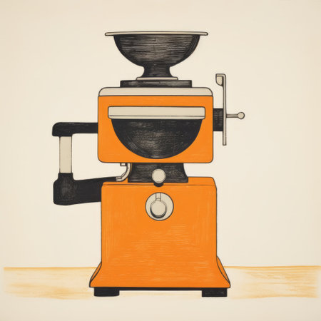 a hand-drawn illustration of an orange coffee grinder, inspired by the artistic styles of alec soth, roxy paine, and jeffrey smart. this pop art silkscreening piece showcases unmodulated colors reminiscent of mid-century illustrations and the precision of group f64. ai generatedの素材