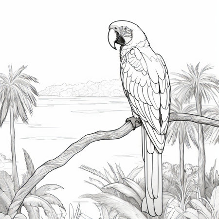 a printable parrot coloring page featuring a realistic illustration of a tropical landscape. this free vector illustration is inspired by the artistic styles of cfa voysey, albert bierstadt, and alberto biasi. the soft, tonal colors, including magenta and gray, create a visually appealing avian-themed artwork. ai generatedの素材