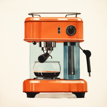 an orange espresso maker, featuring hyperrealistic illustrations with retro filters. the image showcases cross processing, with a combination of light indigo and dark brown tones. the artwork is intensely detailed, with bold color experimentation and a striking use of line. ai generatedの素材