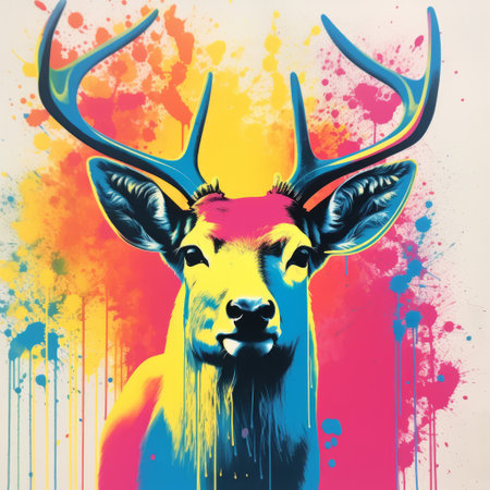 a deer stands amidst an abstract backdrop, adorned with vibrant red and blue splatters of paint. this artwork showcases a fusion of styles, including vibrant color gradients, neo-pop iconography, spray painted realism, rainbowcore, and the intricate wildlife details reminiscent of ernest zacharevic's work. the composition also hints at the influence of mono-ha, creating a visually captivating and unique piece. ai generatedの素材