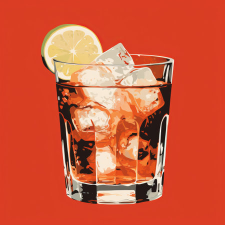 a vintage-style poster featuring a cup filled with ice and lime is captured in dark orange and red hues. this artistic composition by stephen shortridge and john walker showcases their creative graphic illustrations. the image is available under the creative commons attribution license and was captured using a mamiya rb67 camera. ai generatedの素材
