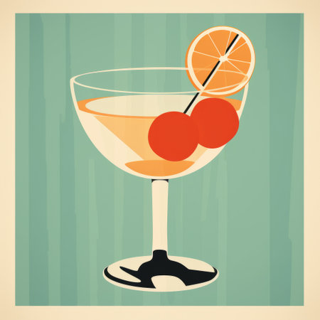 a cocktail in a glass is showcased on a brown background, reminiscent of a vintage poster style. the light cyan and orange hues add a touch of post-war american art aesthetic. this captivating image, found on flickr, captures the essence of cranberrycore. the composition is crisp and clean, evoking a vintage cut-and-paste vibe. ai generatedの素材
