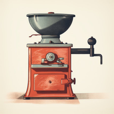 a coffee espresso vector illustration featuring a single coffee mill in an old world black and white style. the illustration has a touch of light red and light orange, giving it a cross-processing processed effect. it is reminiscent of children's book illustrations with an industrial machinery aesthetic. the flat shading and mid-century illustration style add to its unique charm. perfect for those who appreciate theの素材