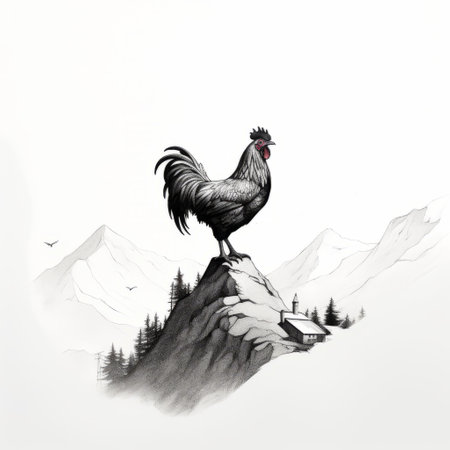 a stunning photograph capturing the majestic presence of a rooster amidst the breathtaking mountain scenery. this minimalist black and white image showcases intricate details with flat shading, creating a multilayered realism. the frostpunk-inspired aesthetic adds a unique touch to the realistic perspective, while the 8k resolution enhances the beauty of the watercolor landscapes. ai generatedの素材