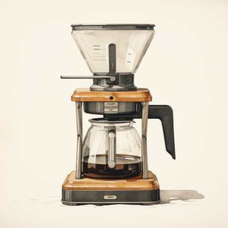 a coffee maker is depicted in this illustration, showcasing the artistic style of matthias haker, with realistic brushwork reminiscent of mid-century illustrations. the composition also incorporates elements of florian nicolle's work, as well as sanford robinson gifford's asymmetrical approach. this piece pays homage to the american barbizon school, capturing the essence of a timeless coffee-making experience. ai generatedの素材