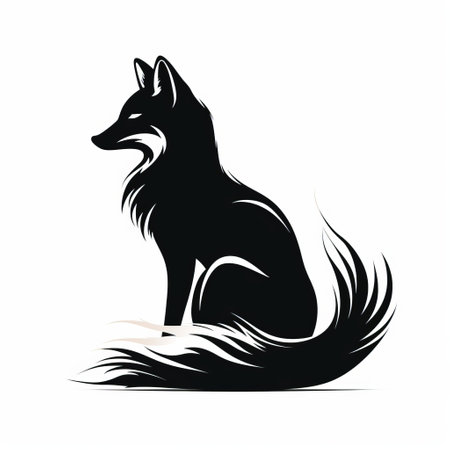 a black fox, depicted in monochromatic graphic design, sits on a white background. the image showcases a dark white and dark amber color palette, evoking symbolism. the style embraces caninecore, featuring a reduction of canine anatomy. the clean and sharp inking, along with velvety brushwork, adds to the overall aesthetic of the artwork. ai generatedの素材