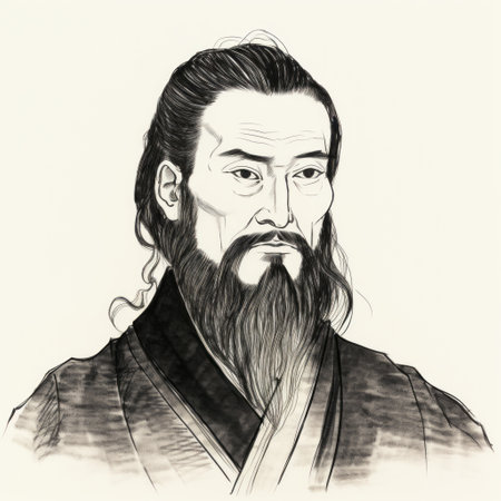 a philosopher emperor from china during the heian period is depicted in this textured illustration. the detailed sketching and digital illustration techniques bring out the realistic portrait drawings of historical figures. captured with a fujifilm x-t4, the image exudes a pensive stillness. ai generatedの素材