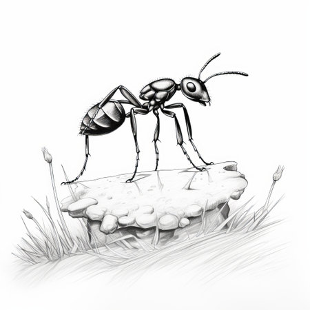 black and white drawings of ants, showcasing detailed character illustrations with a touch of fantasy elements. these illustrations feature a realistic perspective, enhanced by volumetric lighting and stone sculptures. the style is simple yet captivating, with a mix of realism and imaginative elements. rtx on technology adds depth and richness to the illustrations, while colorful accents bring them to life. ai generatedの素材