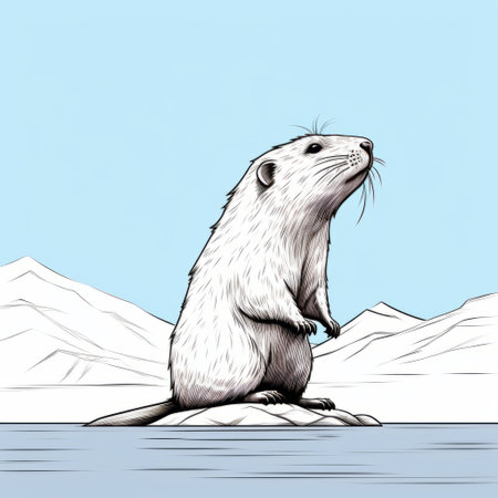 a small beaver sits on a rock in the arctic wilderness, depicted in the style of pop art illustrations. the artwork features high horizon lines, with a color palette of dark white and sky-blue. the hyper-realistic animal illustration, created by even mehl amundsen, showcases detailed character illustrations. ai generatedの素材