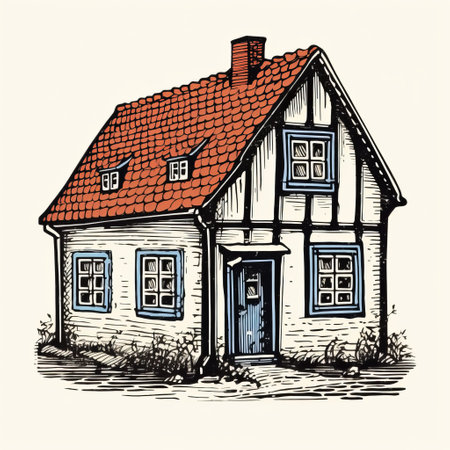 a cartoon house in pen ink vector, reminiscent of vintage poster style from the danish golden age. this detailed illustration features light red and blue tones, intricate cross-hatching, and a pseudo-realistic design. perfect for historical genre enthusiasts or those seeking a unique vintage poster aesthetic. available for purchase at the affordable price of 1 credit or usd 1. ai generatedの素材