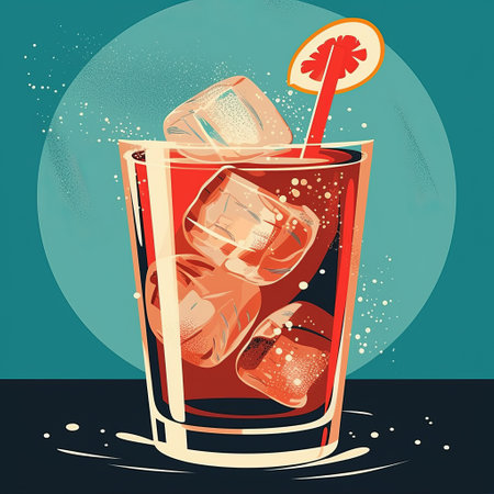 a retro-futuristic propaganda-style photo featuring a vibrant beverage with ice and garnish, framed in black. the image showcases vibrant color gradients of light red and dark gray, reminiscent of comic art. the vintage aesthetics and realistic brushwork add to the overall appeal, creating a captivating cartelcore-inspired composition. ai generatedの素材