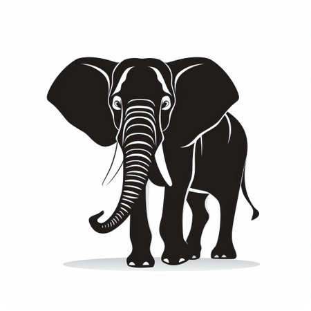 a bold and sleek graphic design-inspired illustration of an elephant silhouette on a white background. the black and white imagery showcases the strong facial expression and the simplified line work adds to its character. the dark black and light beige colors create a striking contrast. ai generatedの素材