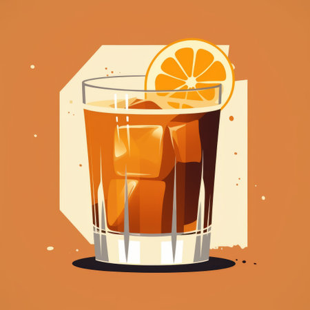 a vintage-style poster featuring a glass of whiskey with an orange garnish, a lemon wedge, and an ice cube. the artwork showcases flat colors and incorporates screen tones, reminiscent of the style of makoto shinkhai. the composition exudes a sense of fluidity and organic elements, creating a visually captivating and harmonious image. ai generatedの素材