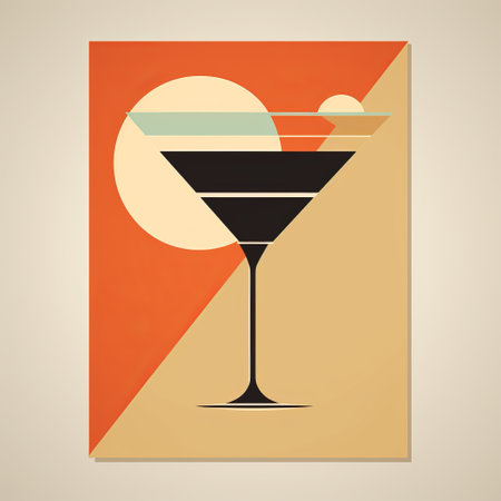a retro margarita martini is depicted in this vintage poster-style photo. the drink is presented in a suprematist geometric shape, with vibrant colors of light red, dark amber, light cyan, and dark black. the composition showcases a classic still-life arrangement, emphasizing the strong use of negative space and a dynamic play of light and shadow. ai generatedの素材