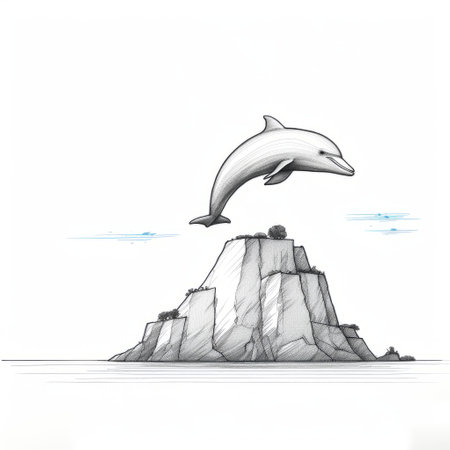 dolphin jumping into island from water in a captivating watercolor illustration. this artwork showcases the unique style of ambient occlusion, reminiscent of graphic novel sketches and stone sculptures. the low-angle shot adds depth to the architectural illustrator's perspective, while the use of a minolta riva mini camera captures the essence of a comic cartoon. ai generatedの素材