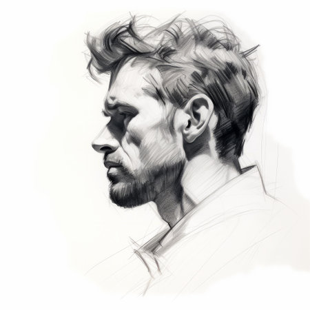 a black and white digital painting of a handsome person in profile, resembling the style of rubens. created using zbrush, this artwork showcases varied brushwork techniques and detailed character illustrations. the hyper-realistic oil effect adds depth and texture to the overall composition. ai generatedの素材