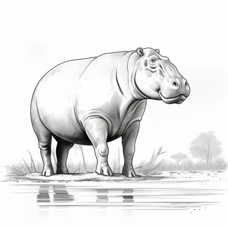 a tall black hippo stands next to water in this ambient occlusion-style drawing. the scientific illustration captures the essence of the art of the ivory coast, reminiscent of national geographic photos. the comic/cartoon-like caricature adds a playful touch to this unique illustration. ai generatedの素材