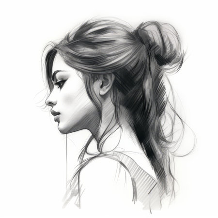 a woman with her hair up in a bun is depicted in a minimalistic black and white sketch. this high-definition portrait captures the essence of city life and is available on platforms like sketchfab and flickr. the image showcases the beauty of women and is reminiscent of manga-style artwork. ai generatedの素材