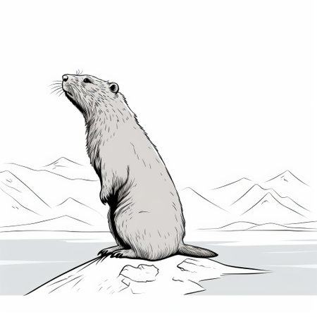 a beaver, depicted in monochrome landscape style, stands on a rock, gazing at a water source. the illustration showcases a high horizon line, snowy surroundings, and scientific detailing. the beaver's facial expression is intense, conveying its focused demeanor. the sparse use of color adds depth to the overall illustration. ai generatedの素材