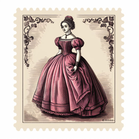 a stamp featuring a digitally enhanced illustration by pieter claesz. the illustration showcases a woman in a red dress, reminiscent of victorian-inspired illustrations. the color palette includes dark pink and pink tones, adding to its feminine sensibilities. this historical illustration captures the essence of the era with its intricate details and artistic style. ai generatedの素材
