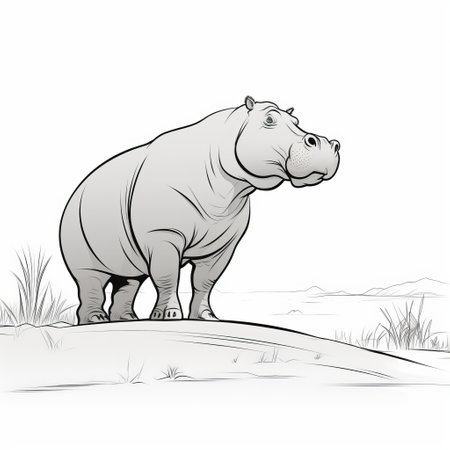 a realistic landscape-style outline of a standing hippopotamus on the ground. the image features soft, tonal colors and detailed character design. the sketch is done in a graphic novel style, with white and gray tones. the high definition image showcases clean and sharp inking, capturing the essence of the hippopotamus in a cartoon mis-en-scene. ai generatedの素材