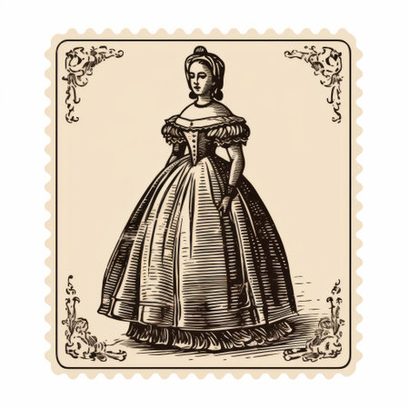 a woman dressed in a victorian dress is depicted in this image, showcasing the style of feminine sticker art. the artwork has a retro vintage feel, with detailed crosshatching techniques reminiscent of canaletto's work. the woman's exaggerated nobility and distinctive character make this piece reminiscent of mail art. ai generatedの素材