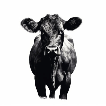 a portrait of a cow is depicted on a white background in the style of monochromatic realism. the energy-filled illustrations showcase the cow's dark proportions with bold graphic illustrations. the 32k uhd resolution captures the accurate and detailed features of the sleek cow. ai generatedの素材