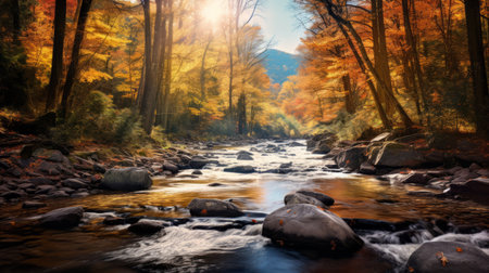 autumn river flowing through a vibrant forest, adorned with wild flowers and surrounded by towering trees. this enchanting scene captures the essence of a fantasy landscape, with its golden hues and majestic mountainous vistas. the photo, reminiscent of national geographic's captivating imagery, showcases a mesmerizing backlight and a smokey background, evoking the artistic style of american tonalism. ai generatedの素材